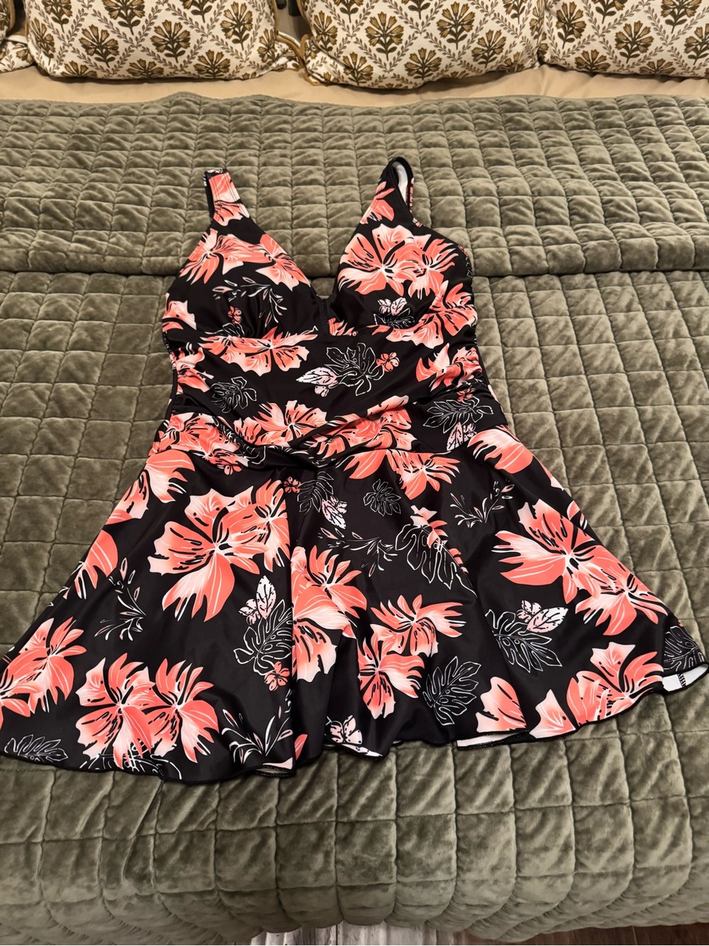 Black and Coral Floral Fit-and-Flare Swim Dress